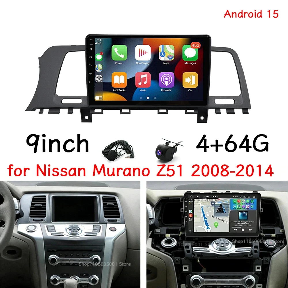 4+64G 9''Car Stereo GPS Navigation for Nissan Murano Z51 2008-2014 Android15 with Carplay Android Auto Bluetooth WiFi FM/RDS SWC