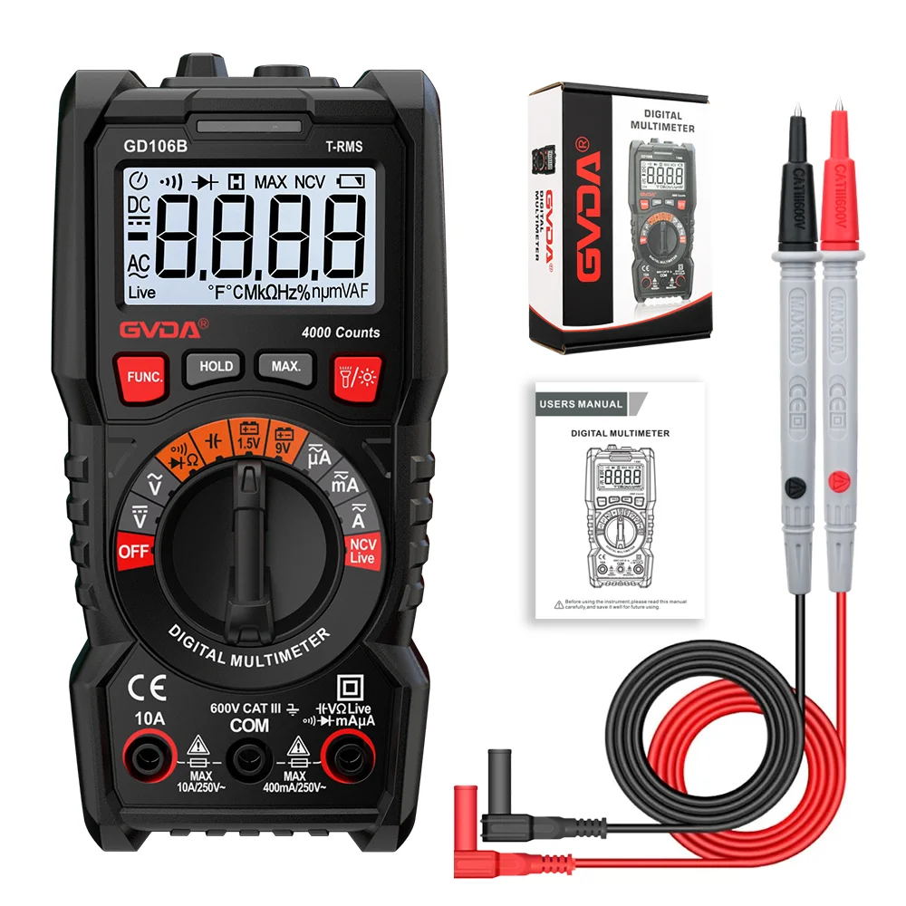 Digital Multimeter AC DC Voltage Current Detector Resistance Capacitance Voltage Tester Digital 4000 Counts True RMS Multitester