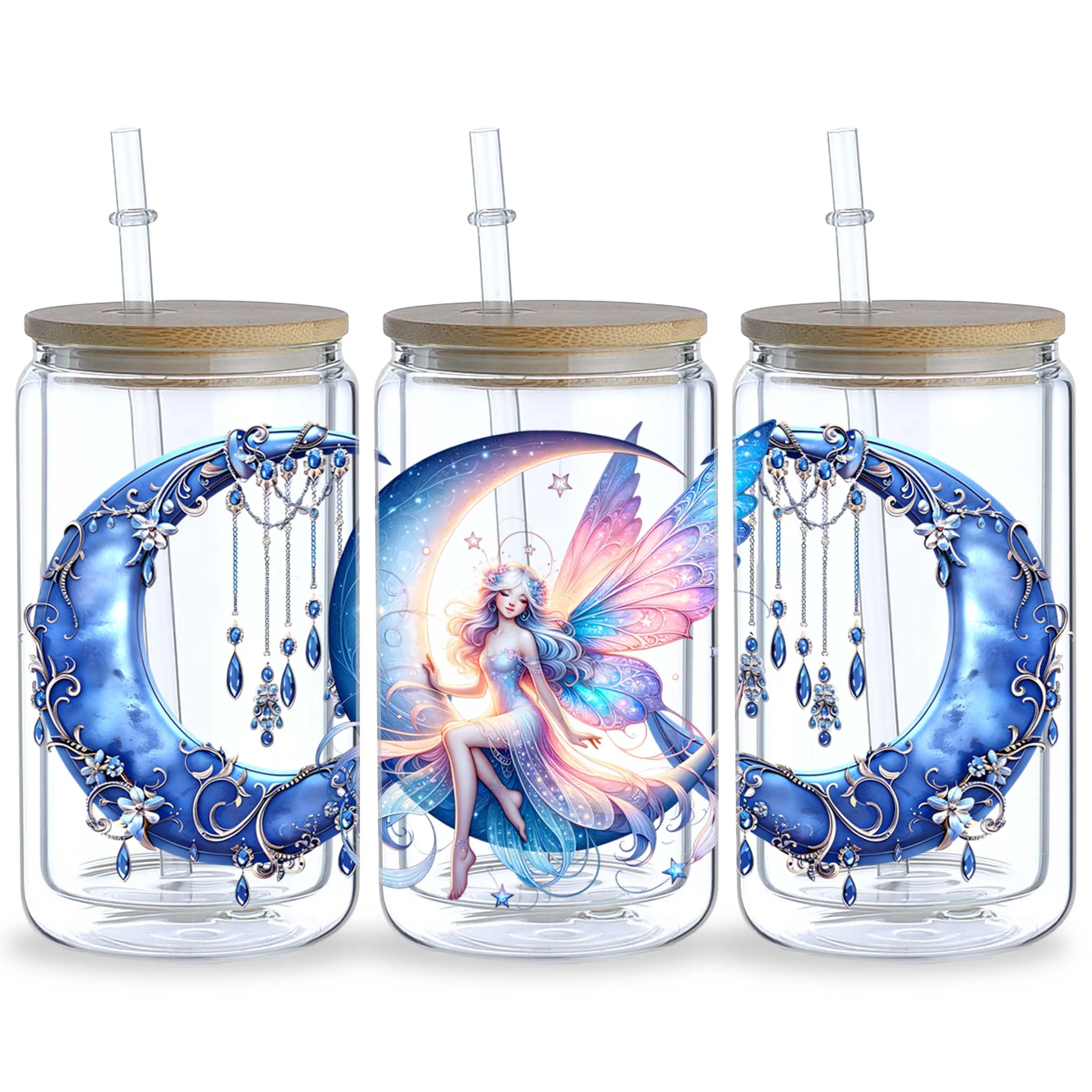 5 Sheets Moon Fairy UV DTF Cup Stickers, Waterproof Magic Moon Fairy Wipeable Transfer Paper for 16 Ounces Glass Cups