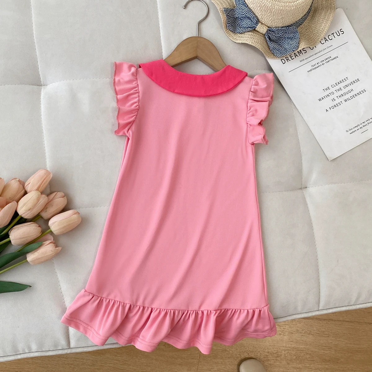 Humor Bear Summer New Children's Clothing Fashion Simple Strawberry Lapel Flying Sleeve Dress Korean Version Girls Casual Dresse