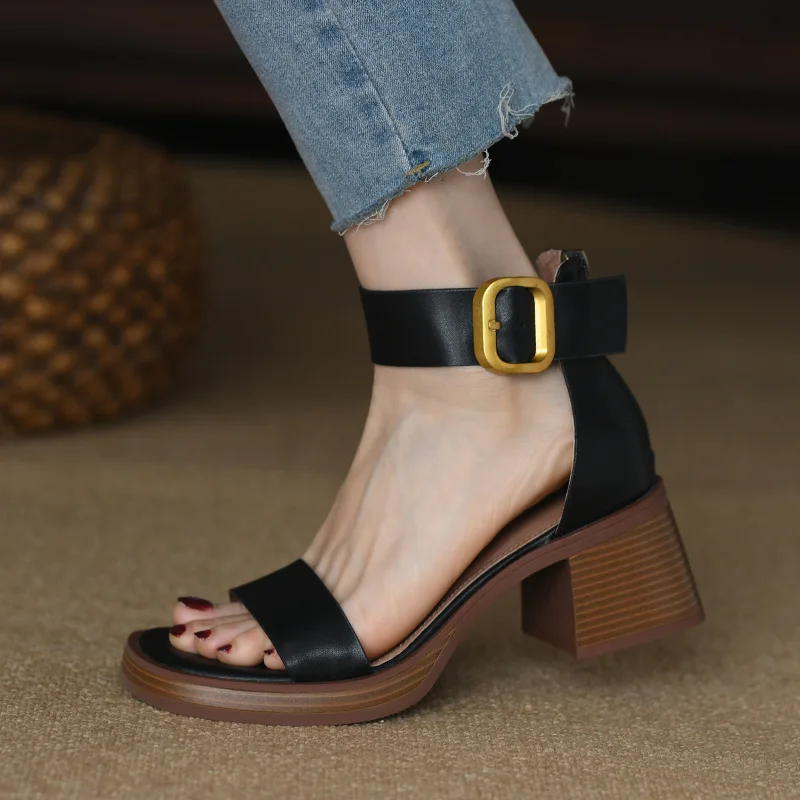 Retro Woman Shoes High Heel Sandals Open Toe Buckle Strap Espadrilles Platform Suit Female Beige 2024 Summer Original High-heele