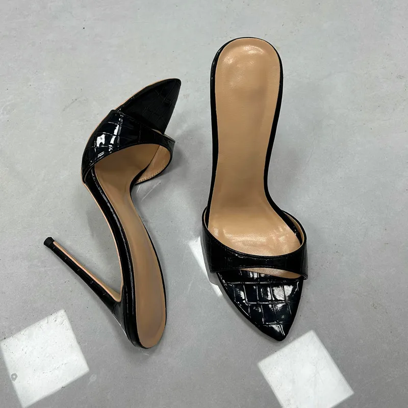 12cm Glossy Colorful Mixed Colors Open Pointed Toe 12cm Super High Thin Heels Slip On Outdoor Sexy Women Sandals