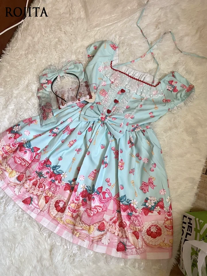 

Strawberry Print Square Collar Lace Stitching A-line Short Dress Women Original Summer New Lolita Op Sweet Daily Light Lo Dress
