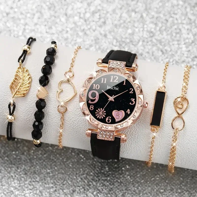 6PCS/Set Women Watch Cute Heart Dial Quartz Watch Shiny Rhinestone Analog Wrist Watch Bracelets Gift for Mom (Without Box)