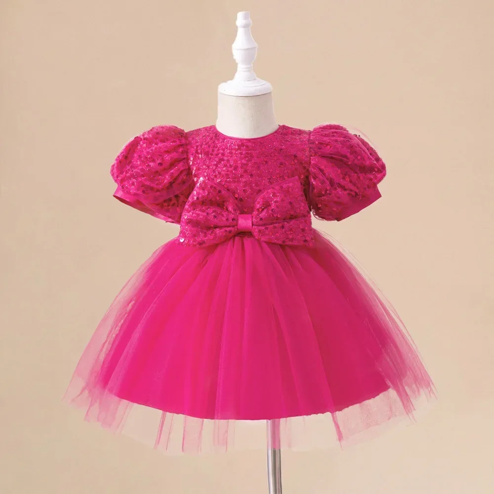 Infant Vintage Pink Birthday Baptism Party Dress Girls Sequin Bow Dress Baby Girl Lace Costume Kids Fashion Evening Prom Gown