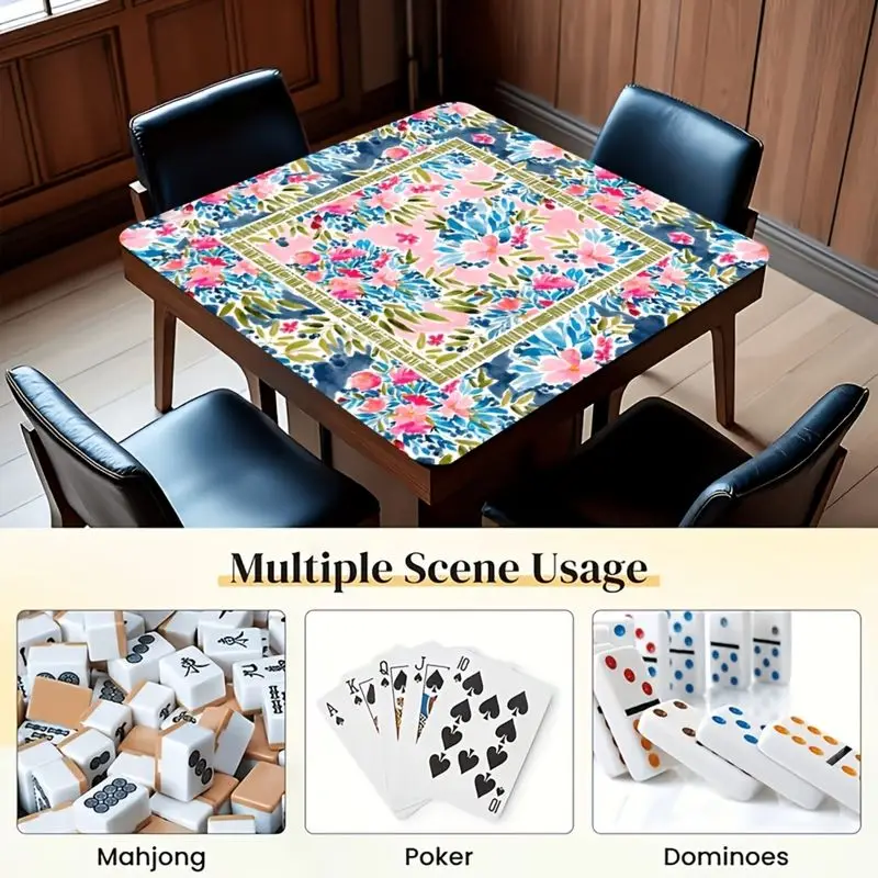 Square Mahjong Table Mat Watercolor Pink Blue Floral Border Print Non‑Slip Silent Foldable Game Pad for Home Card Game Decor