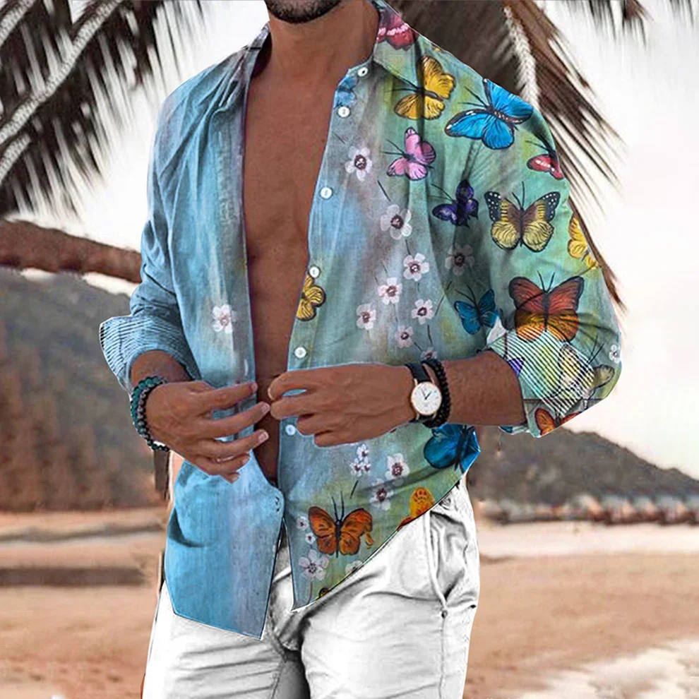 Men's Retro Floral Print Long Sleeve Shirt Men's Casual All-match Fashion Street Men's Shirt Lapel Single Breasted Long Sleeve