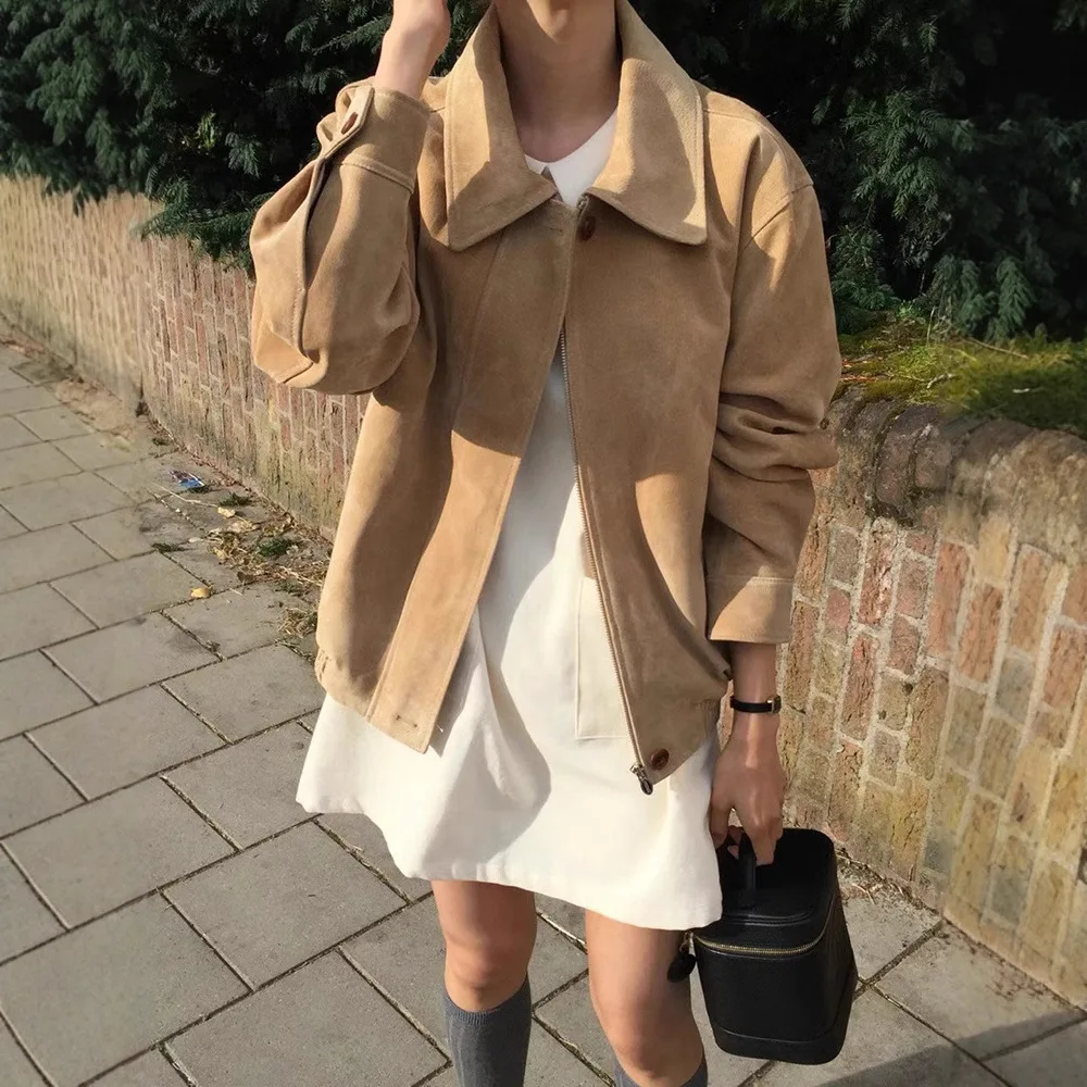 

OVERTAKR2025 Spring Dongdaemun Casual Versatile ort Suede Jaet Women's Loose Fit Zipper Closure Commute Sle Polyester