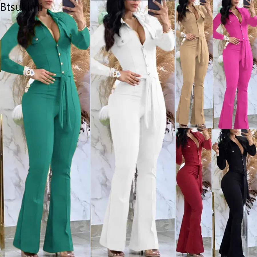 

Jumpsuit Women's Autumn New Fashion Button Casual Turn-Down Collar Long Sleeve Skinny Bootcut Jumpsuit with Belt Y2K Streetwear