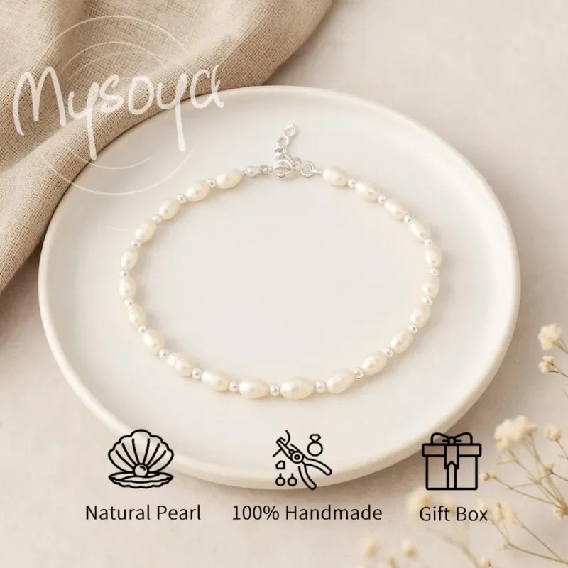 

MYSOYA браслет из белого рисового пресноводного жемчуга 4-5 мм с подарочной коробкой для нее/нячего дня рождения/свадьбы/Рождества/новогоднего подарка