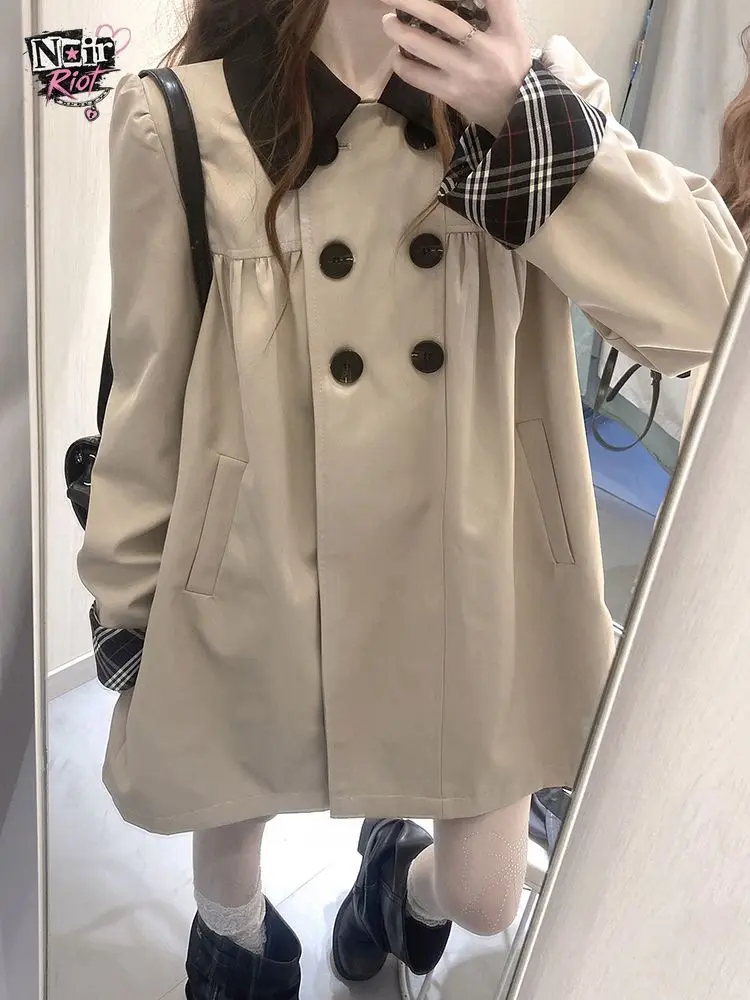 Japanese Vintage Preppy Trench Coat Women Double Breasted Peter Pan Collar Plaid Cuff Loose Fit Mid Length Casual Campus Outfit