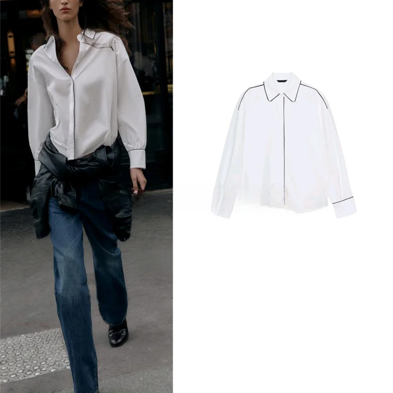 

Осень-зима, новый женский однорядный однобортный воротник с длинным светом, цвет блузки, шелковый топ с отделкой, повседневный свободный крой, полиэстер...