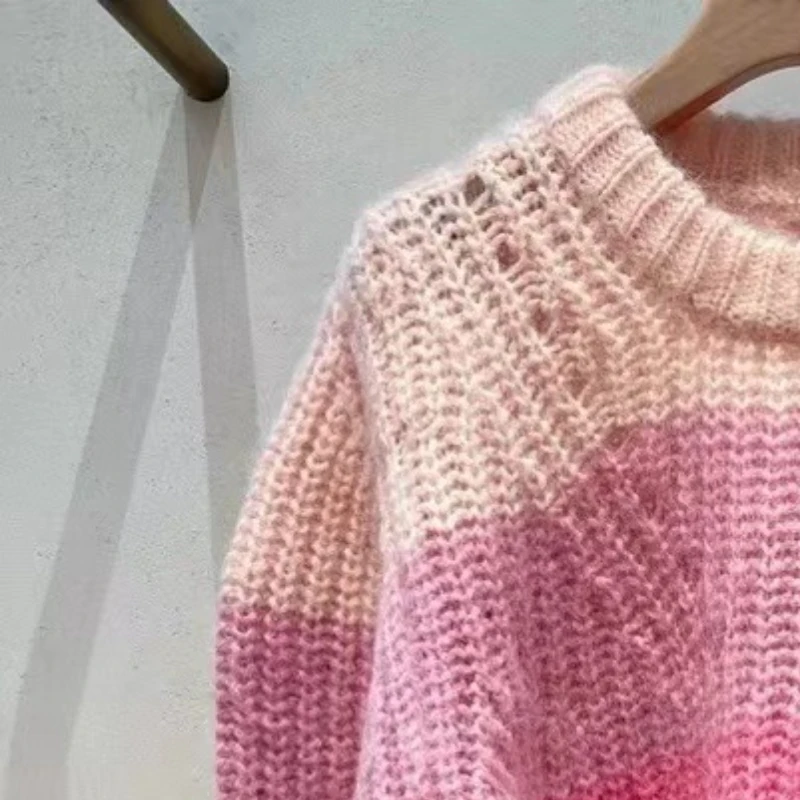

Office Lady Long Sleeve Loose Pullover Sweaters for Women Casual O-neck Gradual Pink Knit Sweater Autumn Striped Jumper Outwear