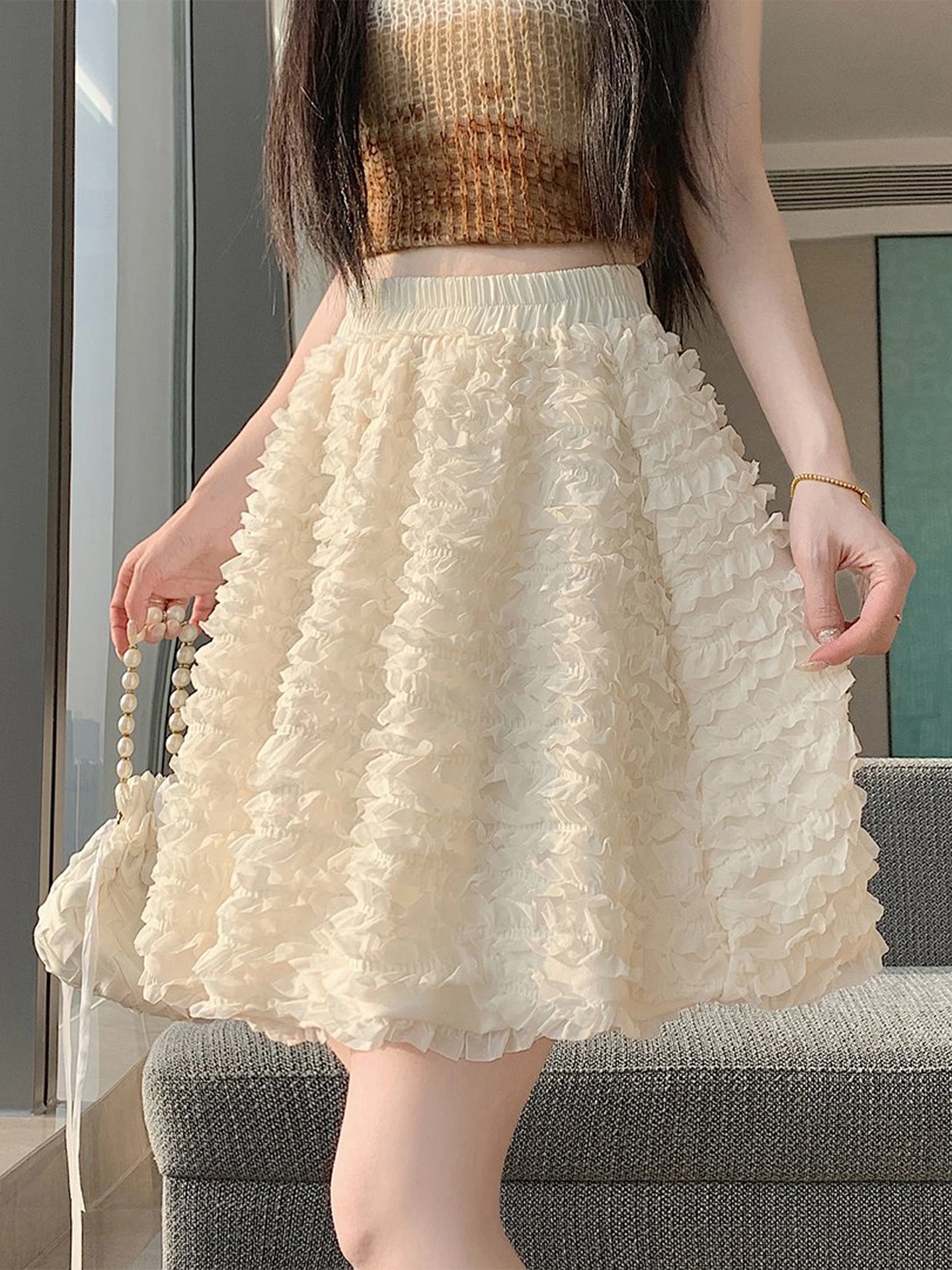 バレエスタイルプリーツランタンハーフスカートレディース夏スイートスリムaラインふわふわショートスカートブルームミッドスカート弾性ウエスト