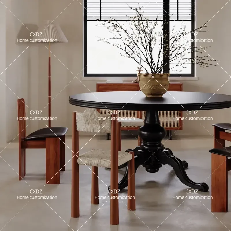 French Retro Solid Wood Round Table Small Apartment Black Nordic Simple Light Luxury Coffee Dining Table Customization