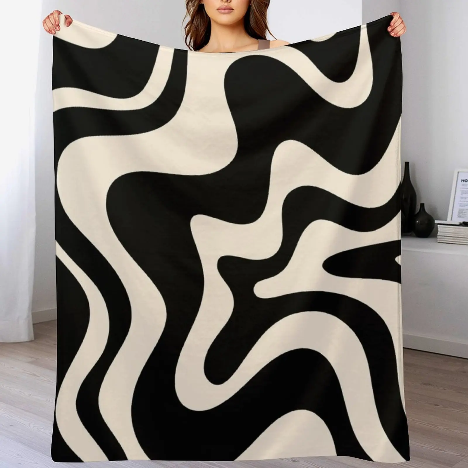 Retro Liquid Swirl Abstract Pattern in Black and Almond Cream Throw Blanket decorative For Decorative Sofa Blankets