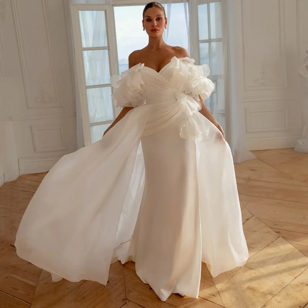 

Romantic Sweetheart Wedding Dress with Off the Shoulder Ruffles Organza Sexy Backless Watteau Train Customized Bridal Dresses