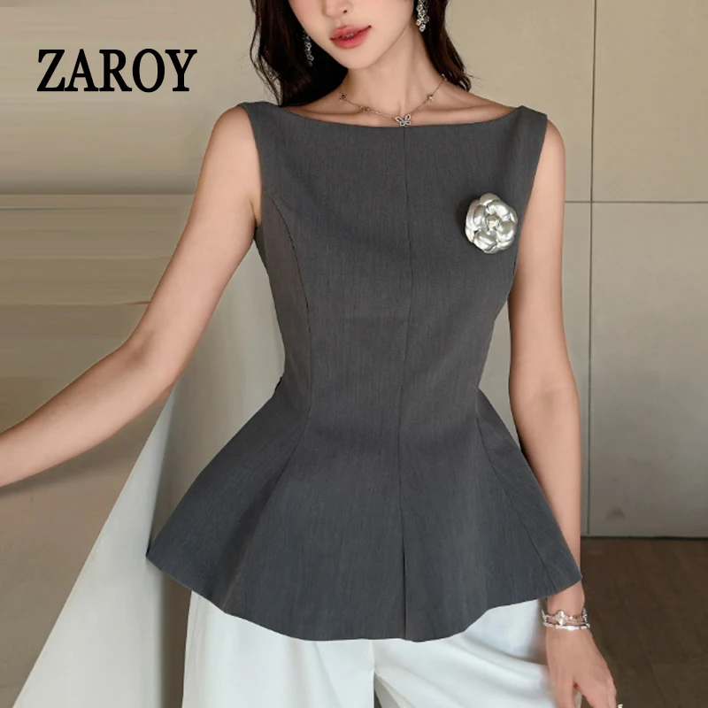 

ZAROY Women's Vest Summer Elegant Sleeveless A-line Party Vest Fashion 3D Brooch Decorative Slim Fit Tank Top High Street топ