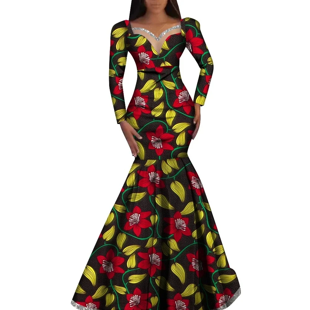 Fashion Robe Dresses Ankara Print African Dresses for Women Long Sleeve Elegant Dashiki Wedding Pleated Skirt Dresses WY1058