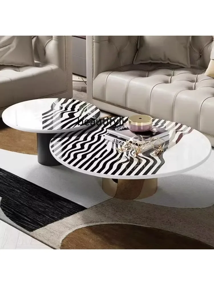 Italian Mild Luxury Marble Coffee Table Small Apartment Living Room Balcony Designer Creative Size round Zebra Pattern Tea Table