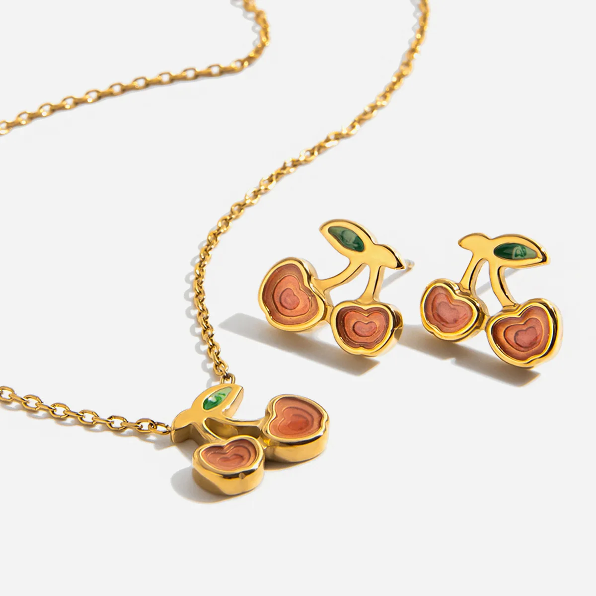 

​Kawaii Cherry Earring necklace set Gold-Plated Chain Juicy Neon Coral 3D Fruit Pulp Texture Sweet Style Date Night Jewelry gift