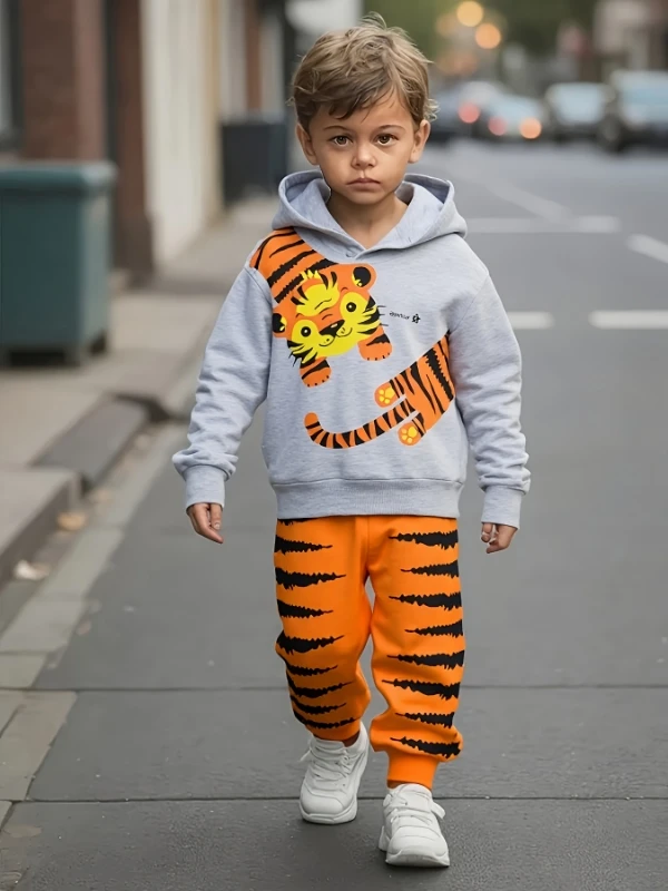 Un lindo conjunto de dos piezas de forro polar con estampado de tigre de dibujos animados con sudadera y pantalones de chándal para bebés y niños pequeños en primavera y otoño