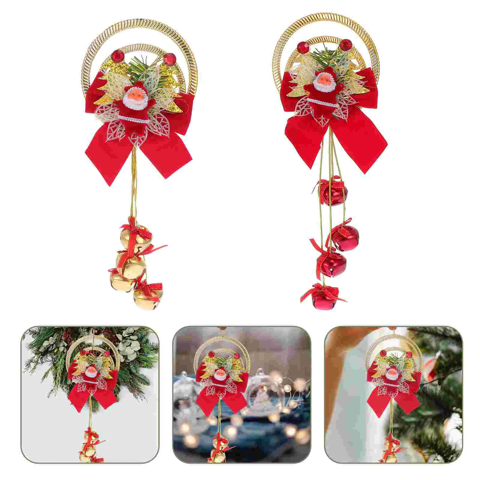 

2 Pcs Christmas Bells Bar Decorations Santa Pendant Bow Tie Xmas Tree Plastic Hanging