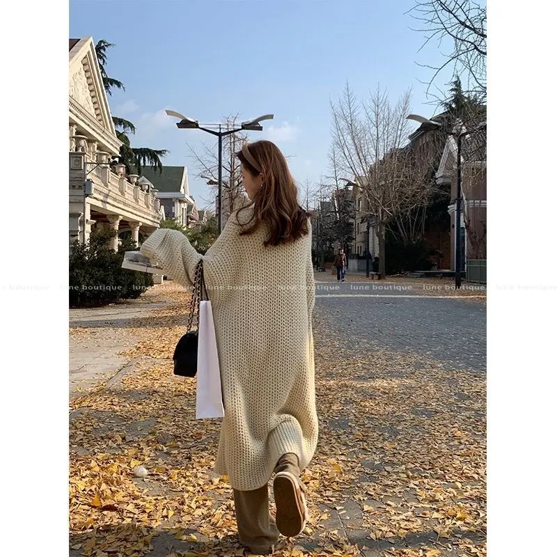 Autumn Winter New Fashion V-neck Long Sleeve Medium Long Styles Solid Sweaters Cardigan Women\'s Clothing Loose Knitting Chic Top