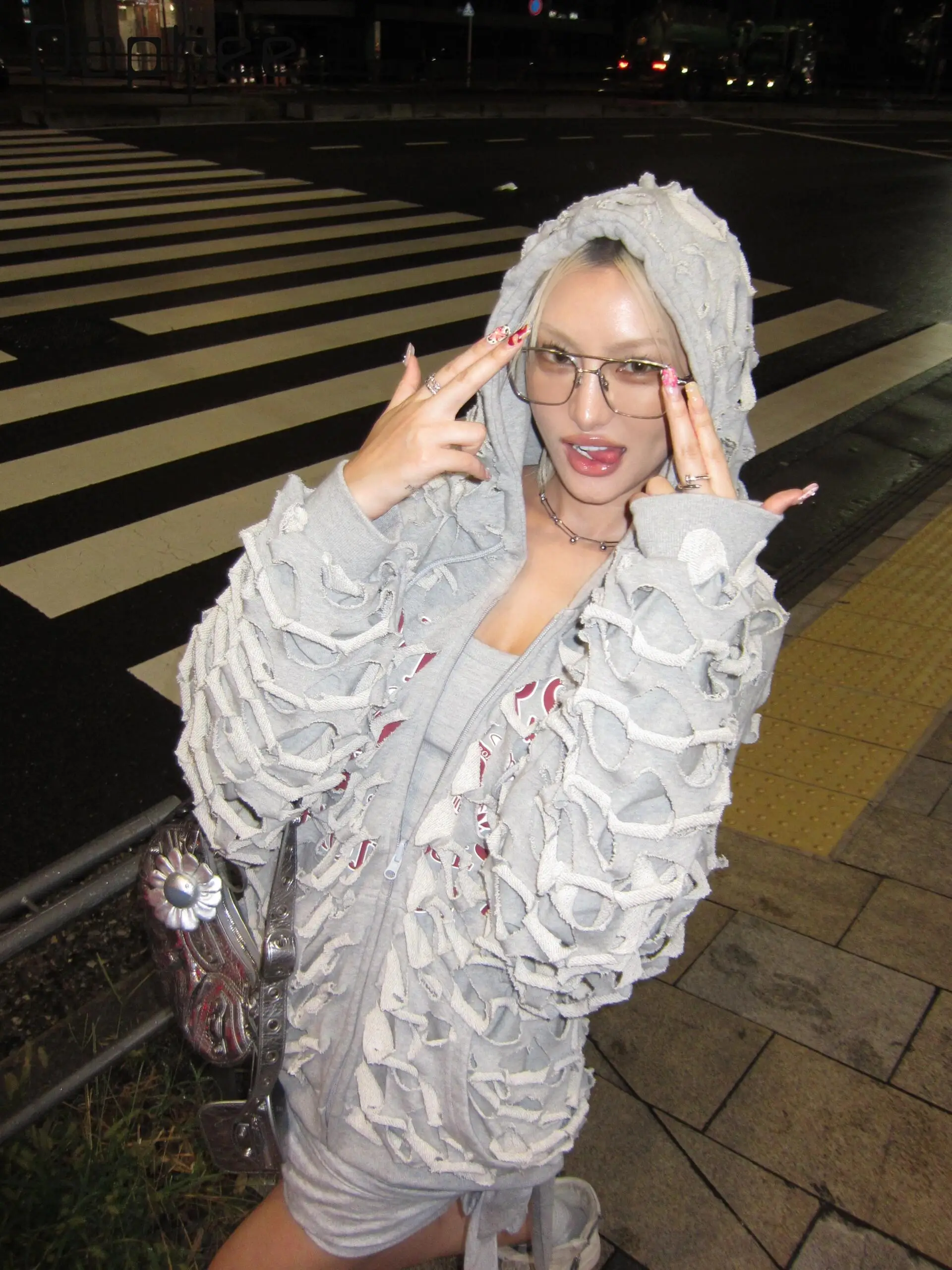 American Trend Heavy Industry Hollow Hole Double-sided Hoodies Women High Street Punk Style Casual Coat Oversized Zip Up Hoodie