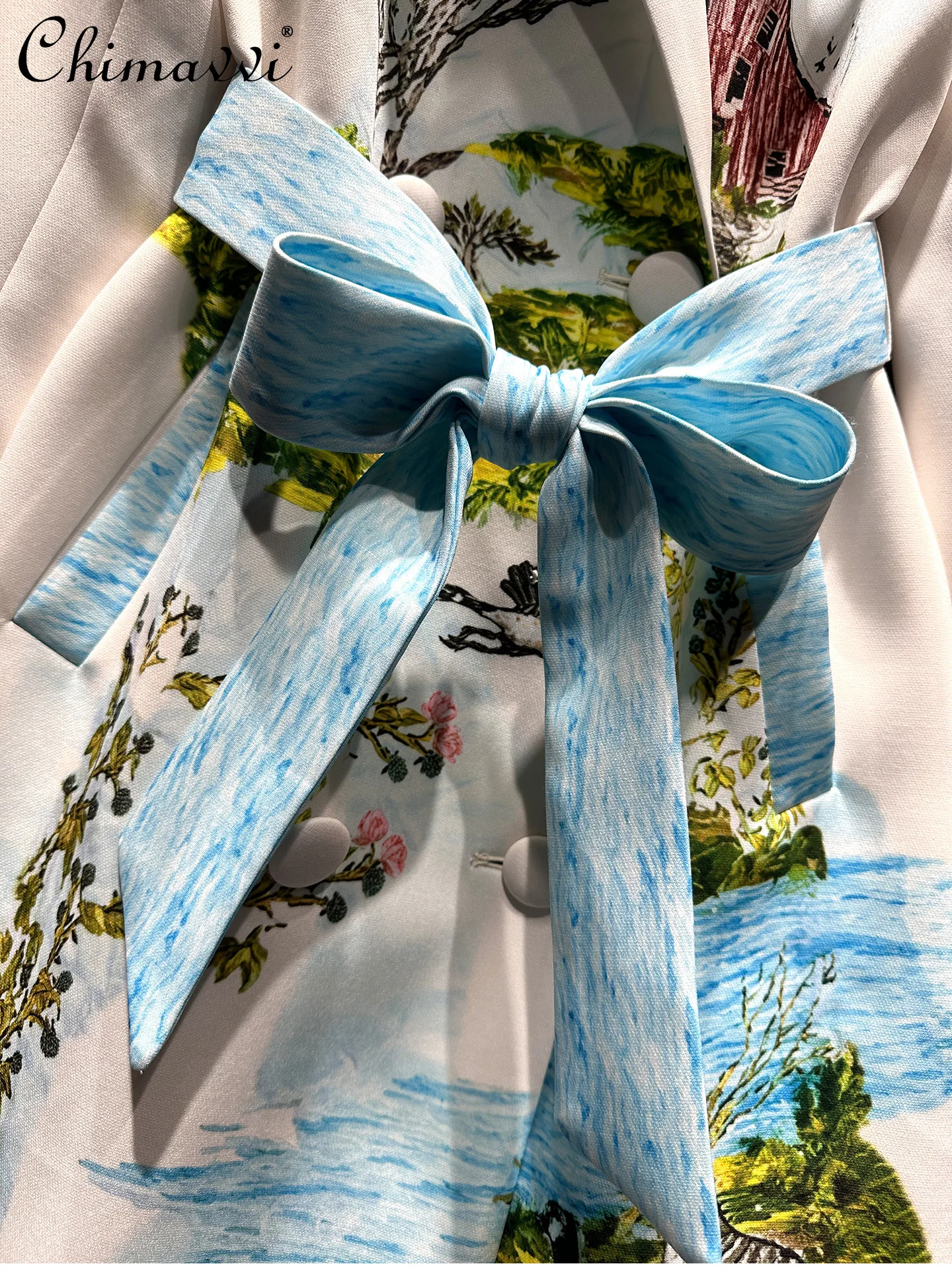 ハイエンドファッションプリントミッドレングスレースアップトレンチコート女性秋ウエストシェイプターンダウンカラーロングスリーブエレガントコート