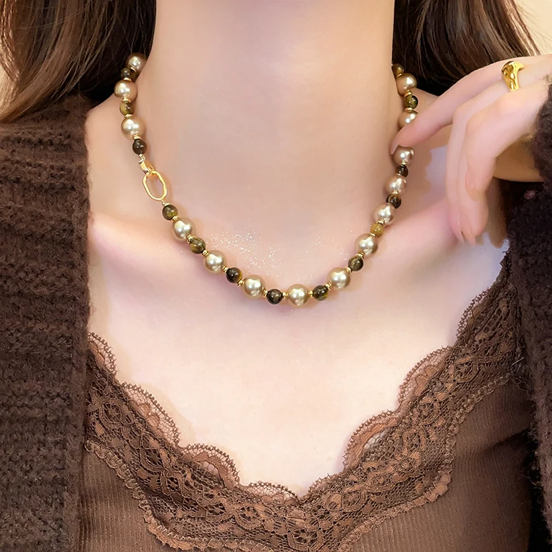 Maillard natürliche Tigerauge-Champagner-Perlen-Perlen-Halskette für 2024, Modeschmuck, Damen-Sexy-Pullover-Kette, Hals-Accessoires – Detail 11