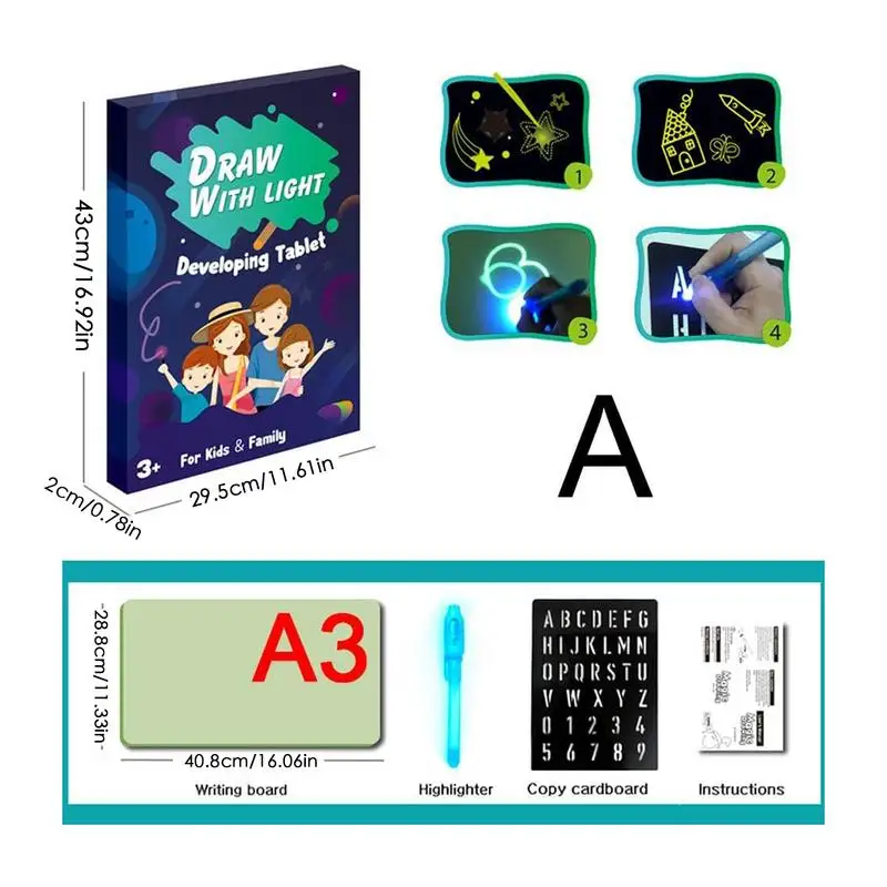 Prancheta de desenho com almofada de luz led para crianças, reutilizável, portátil, aprendizagem, brinquedos educativos, criança, prancheta de desenho led para crianças