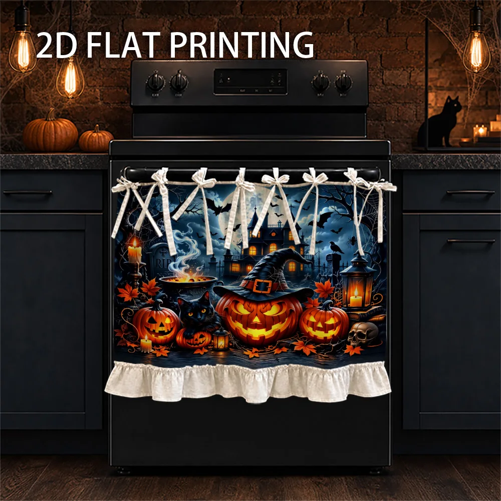 1PC kitchen stove curtain, cabinet curtains, and an apron. Features a 2D graphic print design with motifs including pumpkins, wi