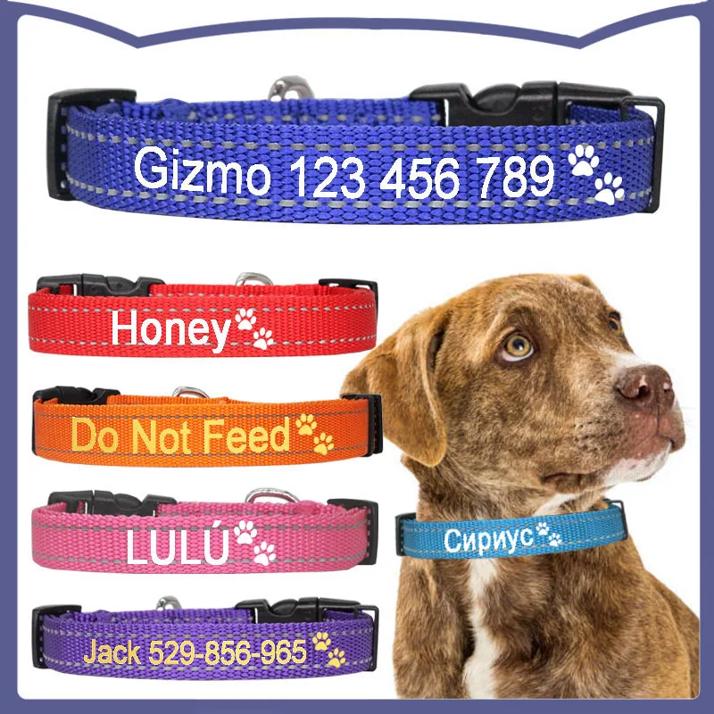 Personalized Nylon Dog Collar Reflective Print ID Tag Custom Name Adjustable Collars for Puppy Small Medium Large Pet Pitbull