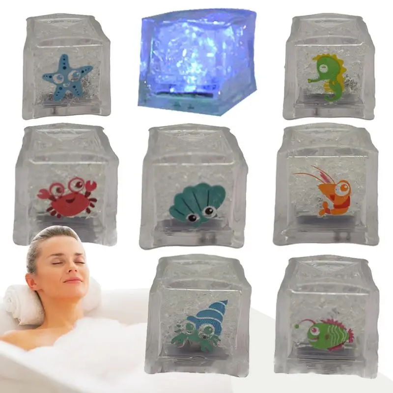 Bath Tub Light up Cubes 8Pcs Cartoon Marine Animal Ice Cubes Bath Toy Cute Animal Print Bathing Colorful LED Light Toy Kids Gift