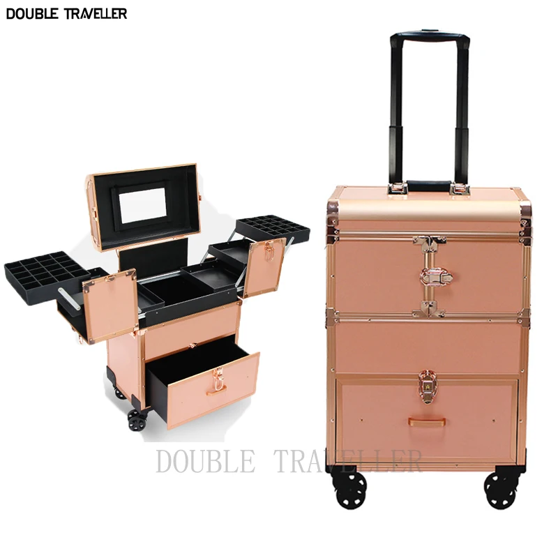 New Women Trolley Cosmetic Bags on Wheel,Nails Makeup Toolbox,Detachable Foldable Beauty Suitcase Travel Rolling Luggage case