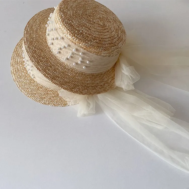 Chapeaux de soleil élégants en maille de dentelle pour mère et fille, casquette de perles, protection solaire de plage en plein air, chapeau de