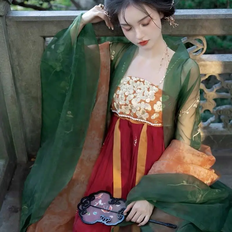 Hanfu Tang-Jupe de printemps et d'été de style traditionnel chinois, chemise à manches longues, rouge et vert, de haute qualité