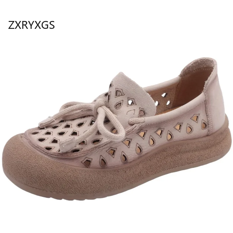 

ZXRYXGS 2025 New Round Toe Lace-up Full Genuine Leather Sneakers Summer Breathable Hollow Sandals Flat Thick Sole Trendy Shoes