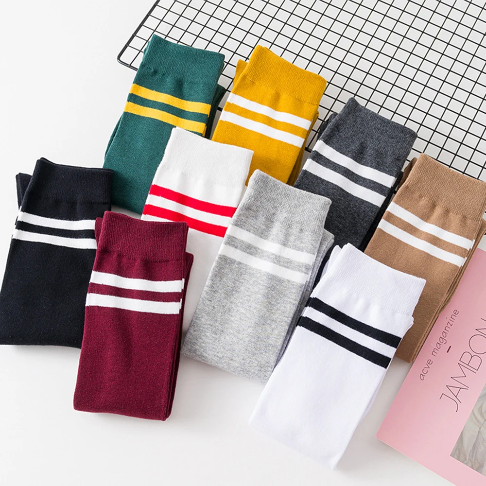 Long Knee High Socks Stockings Women Solid Colors Striped Casual Sports Warm Breathable Calf Socks Korean Fashion Japanese Style