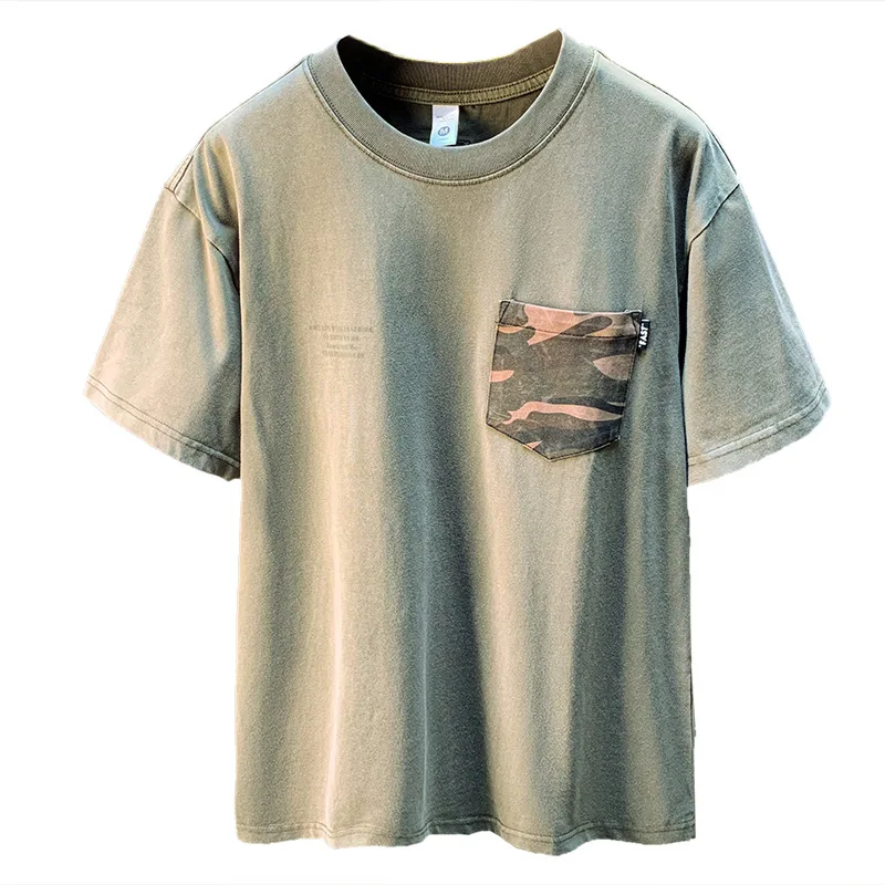 Camouflage patchwork pocket T-shirt for men's summer 2025 fashion retro high-end loose elastic casual short sleeved clothes