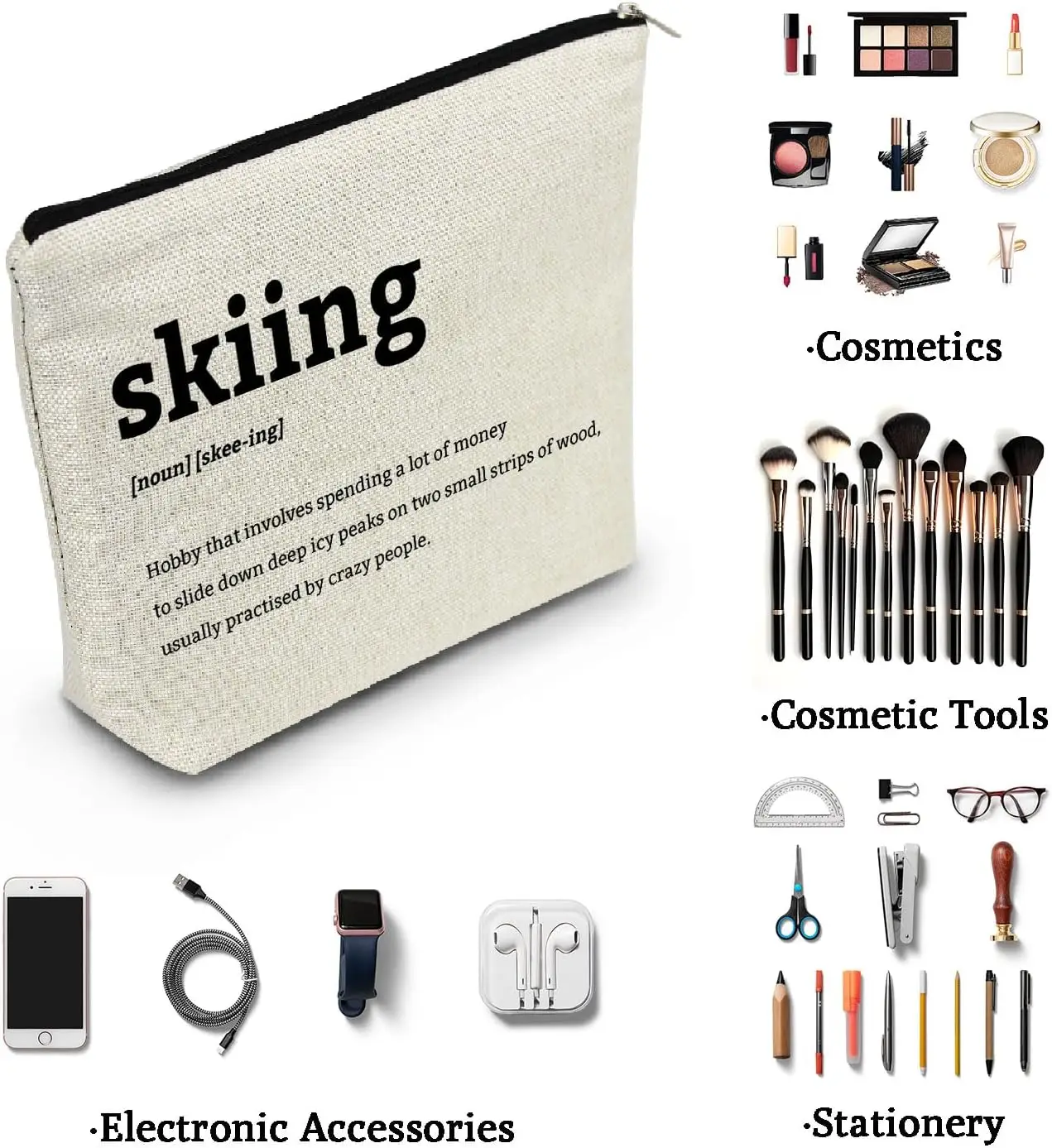 Funny Presents Skiing Definition Canvas Makeup Bag Toiletry Zipper Pouch Birthday Present Skiing Accessories Cosmetic Bag for Wo