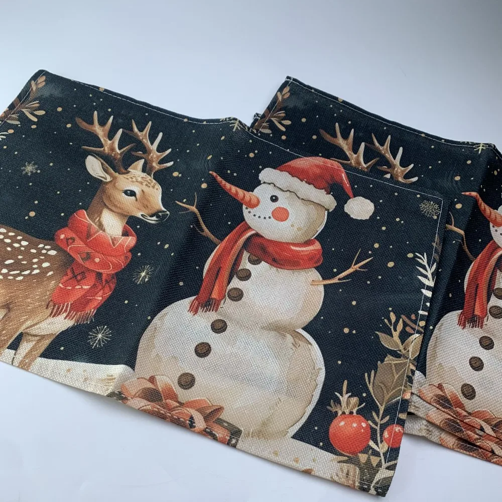 Black and Gold Linen Placemats Christmas Snowman Reindeer Design Print Insulating Placemats Kitchen Tableware Decorative Mats
