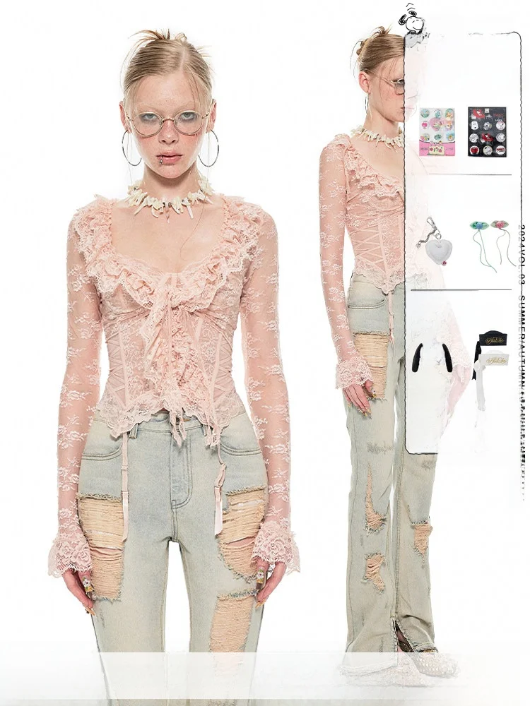

1JINN STUDIO Lazy Misty Short Lace Trim Bodycon Open Cardigan Skin-friendly Meat Concealing Top Sweet Style Long Sleeve