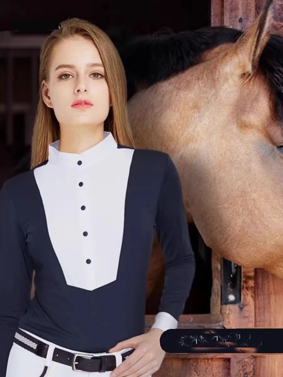 Equestrian Polo Shirt Long Sleeve Summer Elastic Slim-Fit Horseback Riding Sweater Knitted Cool Horseback Riding Suit Spring and