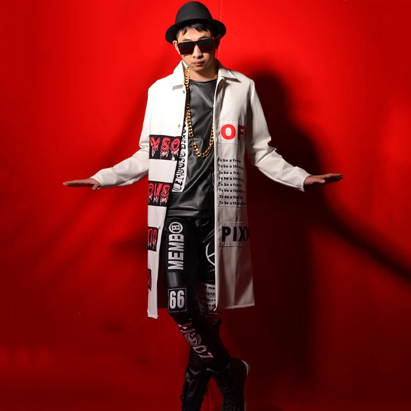 Fashion Men Hip Hop Cardigan Jacket White Jazz Blazer Male Long Trench Coat Overcoat Stage Singer Dancer Clothing DT1124