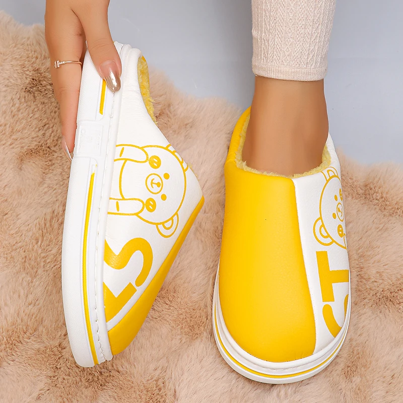 Winter Fashion Print Warm Slippers Women Waterproof Non-Slip Plush Home Slippers Women Comfort Flat Heel Inddor Slides Female