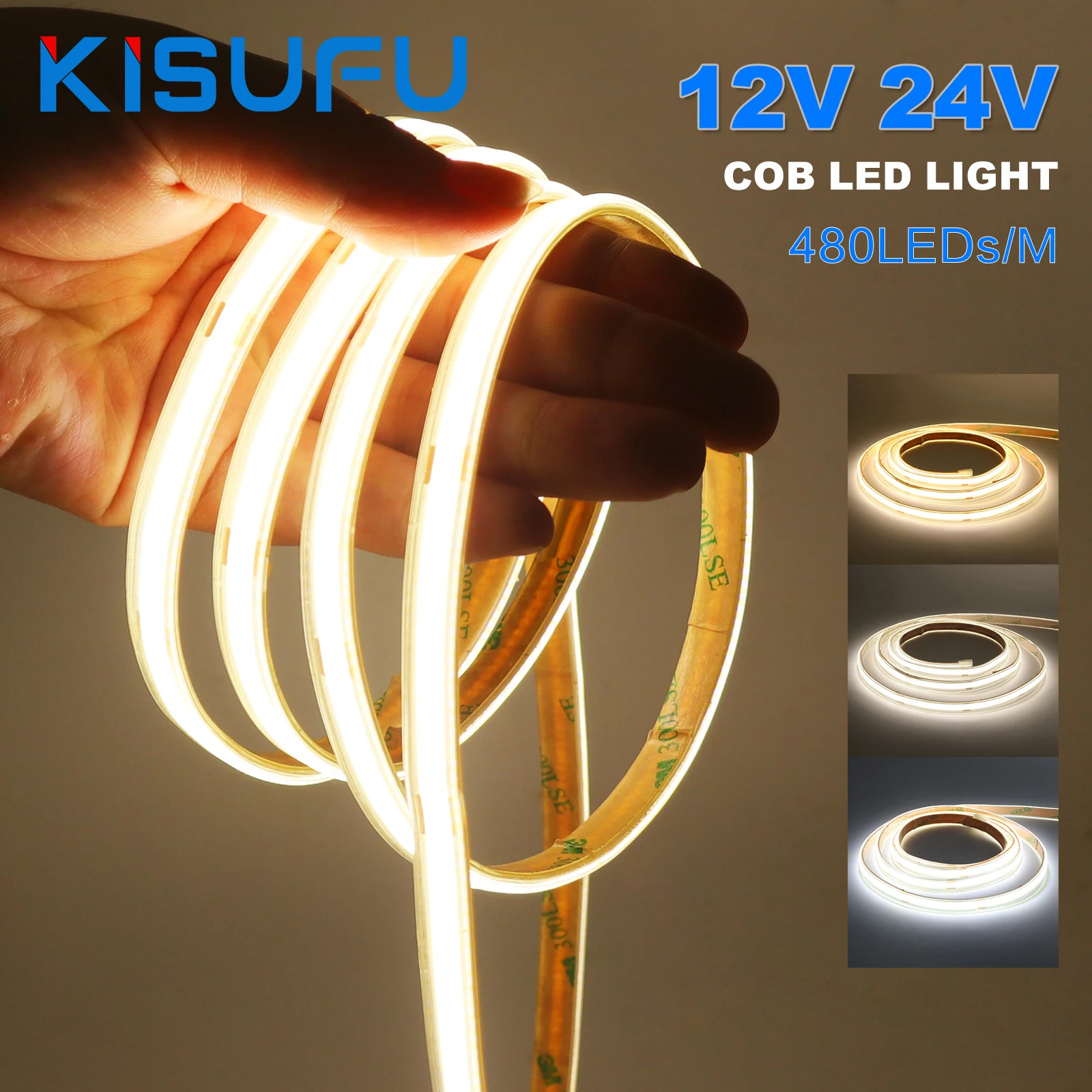 IP67 Waterproof COB LED Strip Light DC12V 24V 480LEDs/m High Density RA90 Flexible Ribbon Adhesive Tape Room Kitchen Decor 1-20M