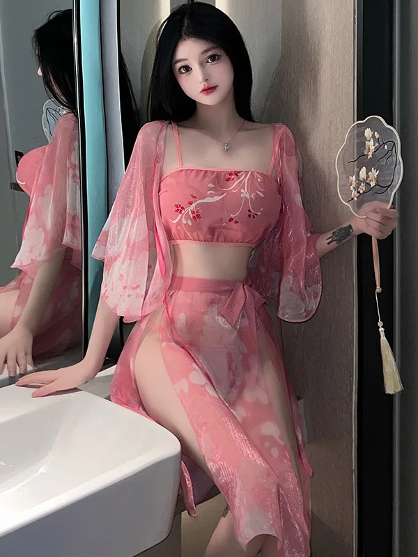 Estilo antigo sexy hanfu uniforme vestido elegante doce malha renda pura transparente rosa quente sexy coreano feminino topos 2023 gy3j