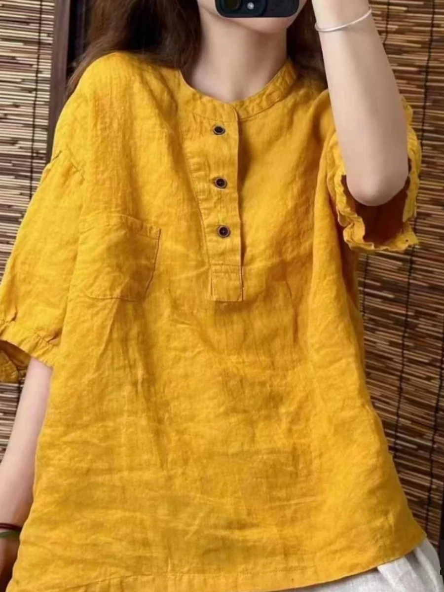 Summer 2026 New round Neck Linen Shirt Loose Casual Thin Cotton Linen Blouse Women\'s Commute Style Short Sleeve Pure Color